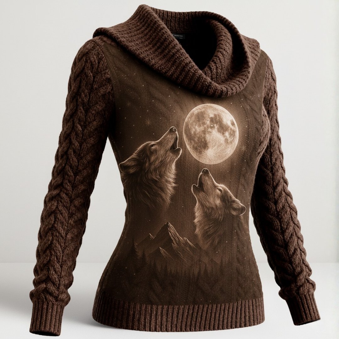 Women’s Knit Cowl Neck Wolf Sweater