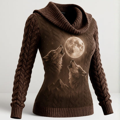 Women’s Knit Cowl Neck Wolf Sweater