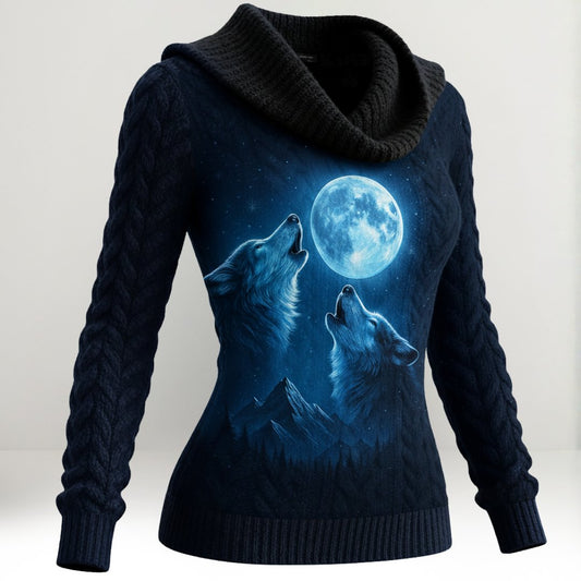 Women’s Knit Cowl Neck Wolf Sweater