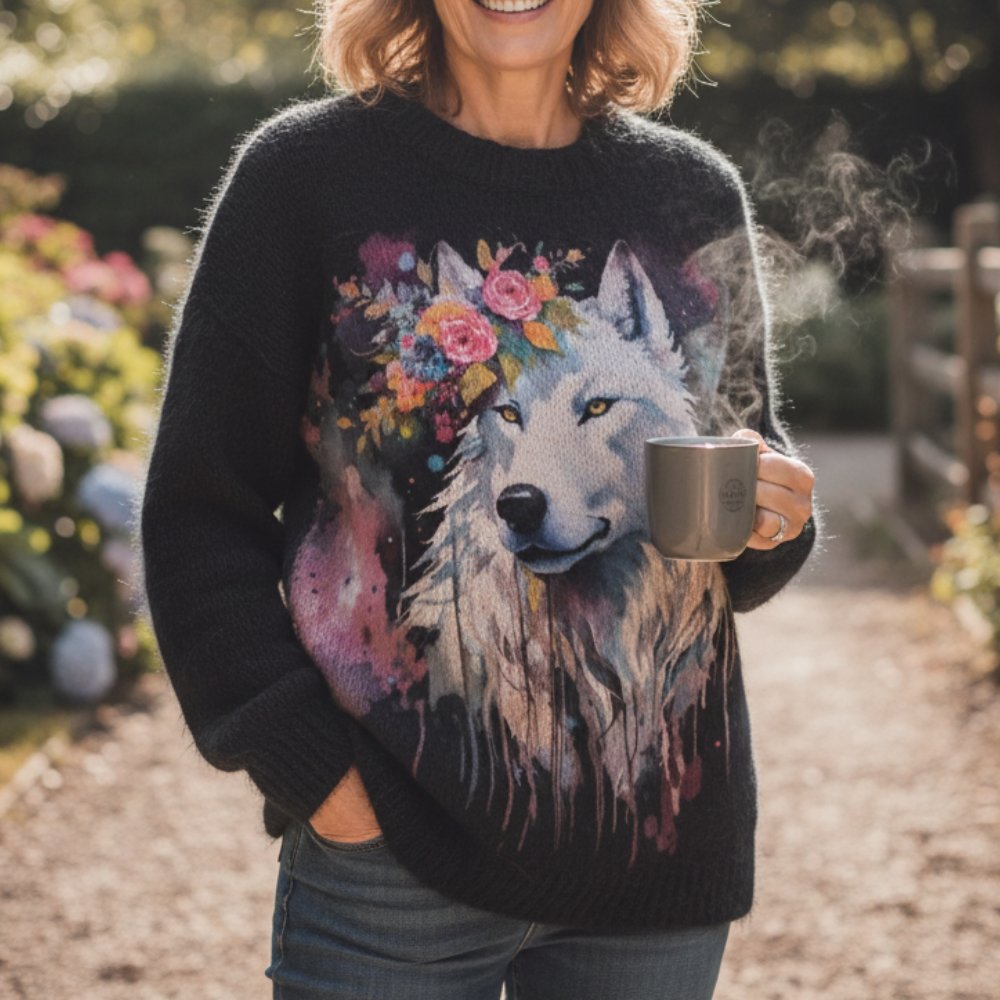 Floral Wolf Pullover Sweater